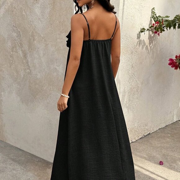 Black Casual Women's Floral A-Line Elegant Sleeveless Dress - Picture 2 of 5